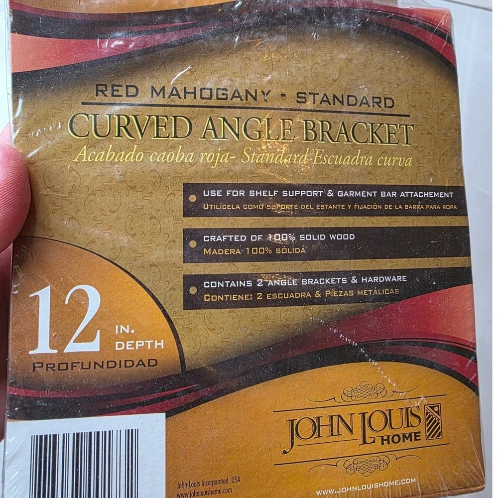 John Louis Home Red Mahogany 12in Curved Angle Wood Shelf Bracket 2pk JLH-517 W1